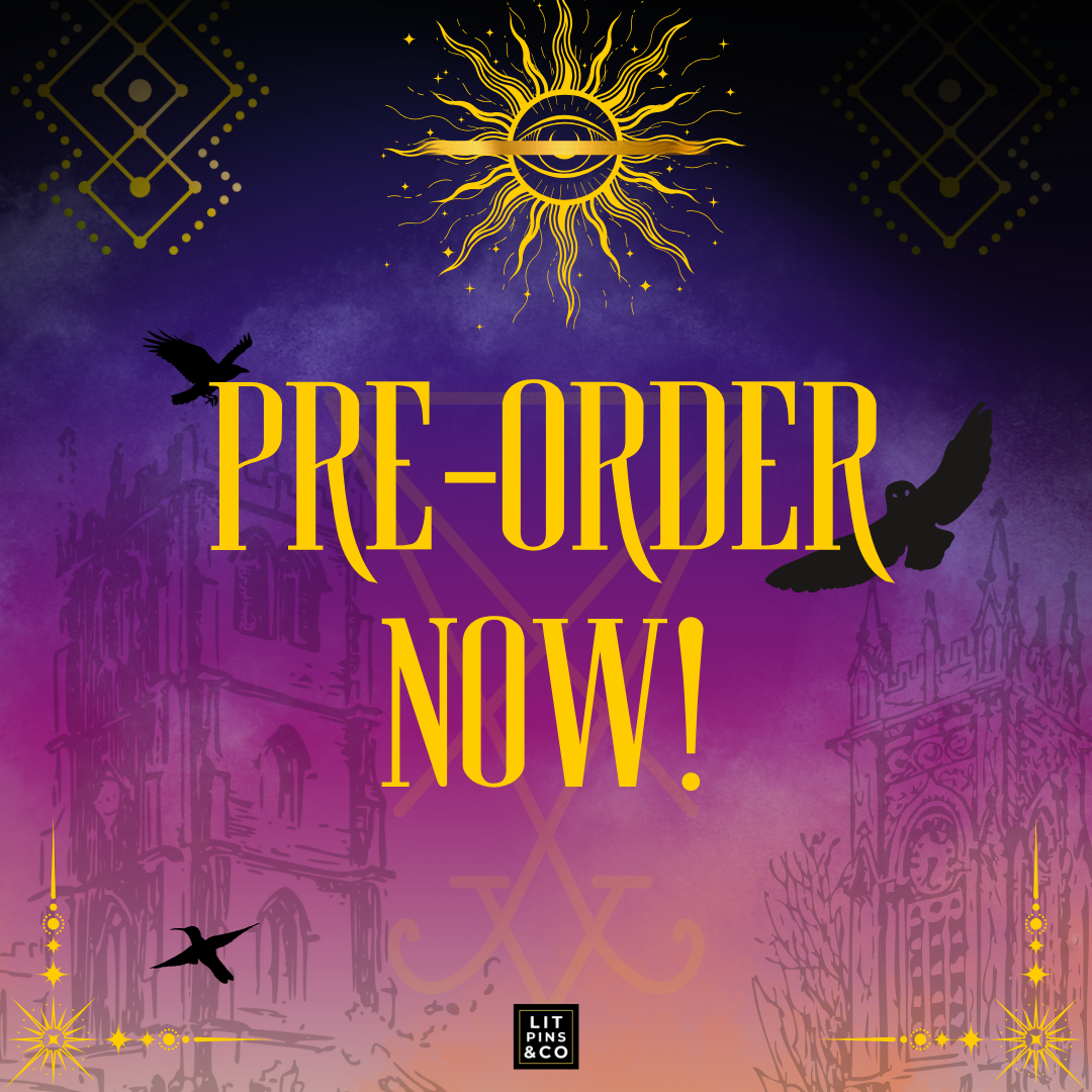 Promotional graphic for the LitPins&Co special edition of 'An Arcane Inheritance' with a purple and gold colour scheme, decorated with a golden symbols and silhouettes of buildings. Text reads "Pre-order now!"