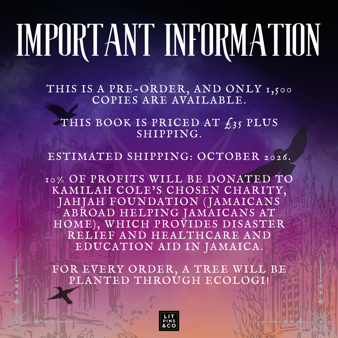Promotional graphic for the LitPins&Co special edition of 'An Arcane Inheritance' with a purple and silver colour scheme, decorated with silhouettes of buildings. Text outlines the key information regarding the edition.