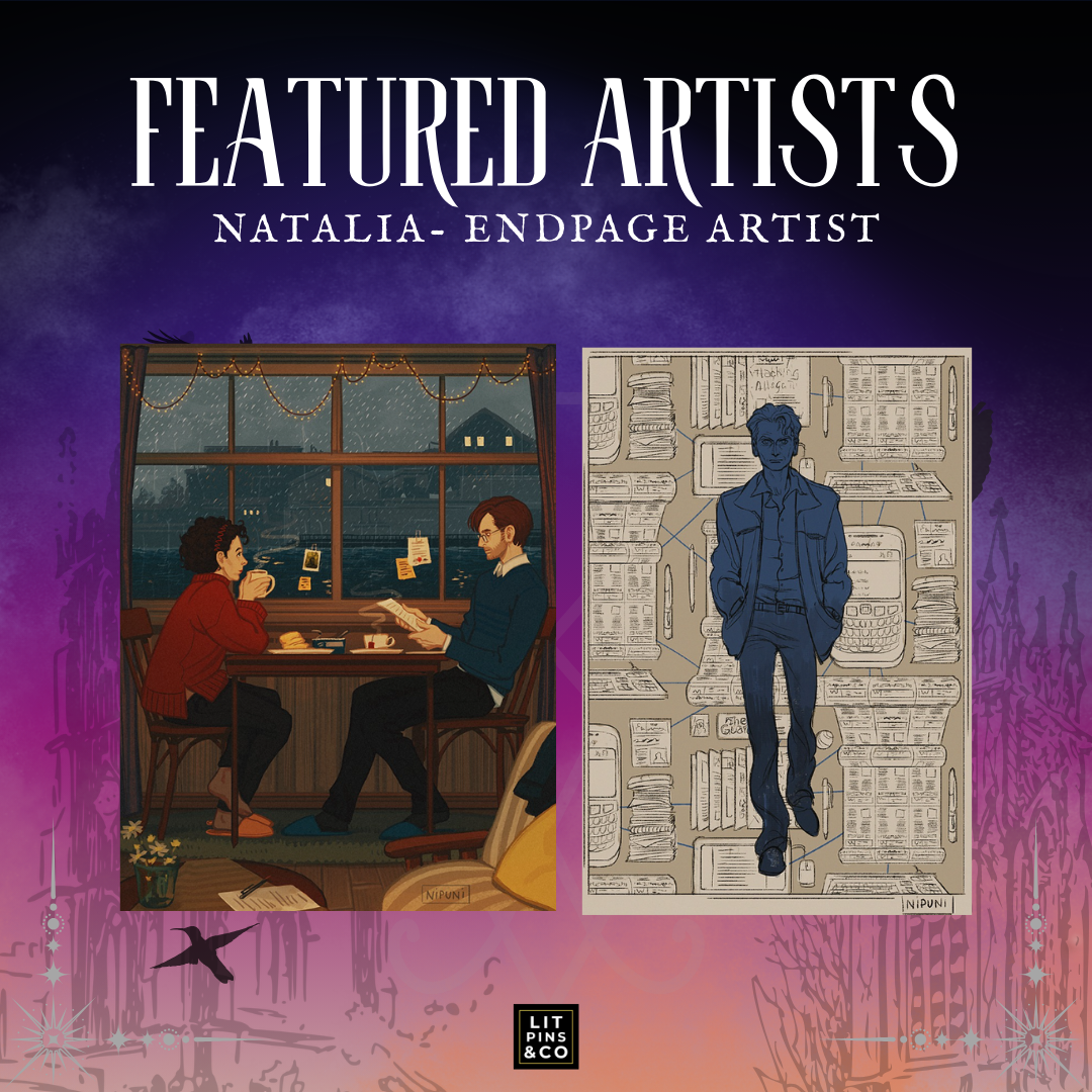 Promotional graphic for featured artists Natalia with two illustrations on a gradient purple and pink background.