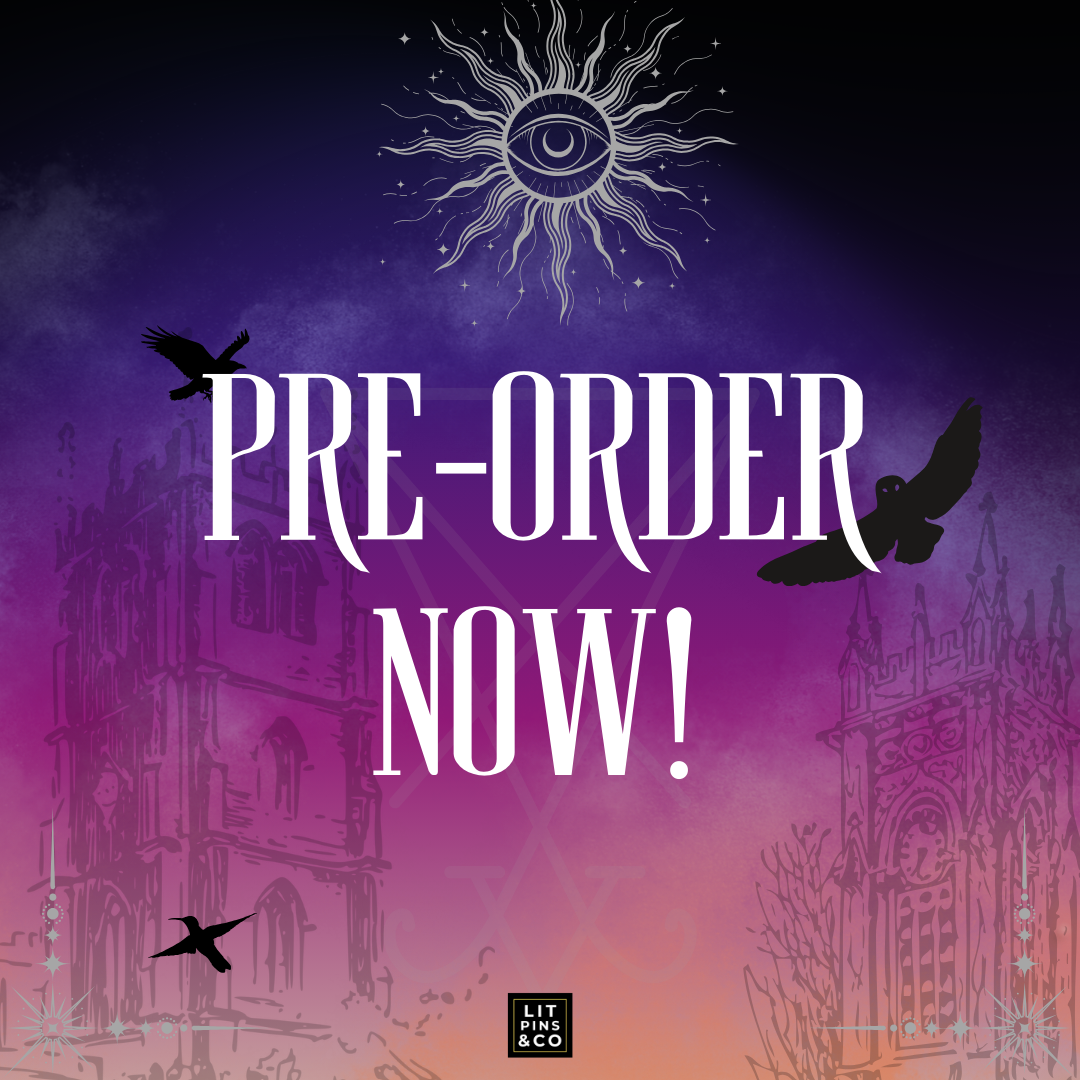 Promotional graphic with 'Pre-order Now!' text against a mystical background with crows and architecture.