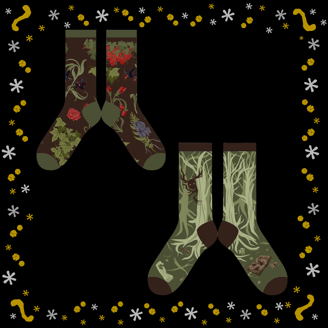 Two pairs of illustrated sock designs picturing botanical motifs