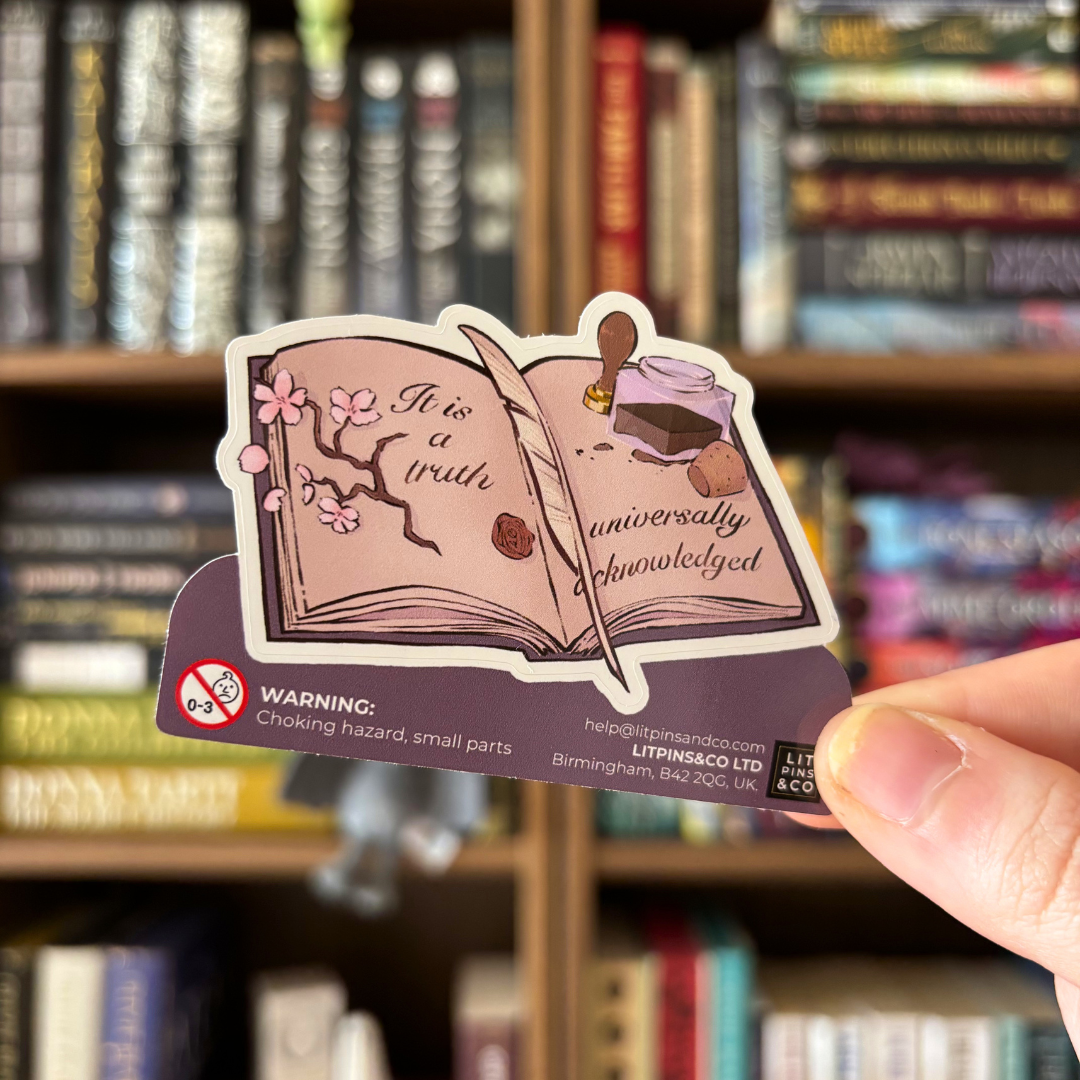 Book shaped sticker inspired by the classics genre, featuring a Jane Austen quote, a quill and ink, and some flowers.