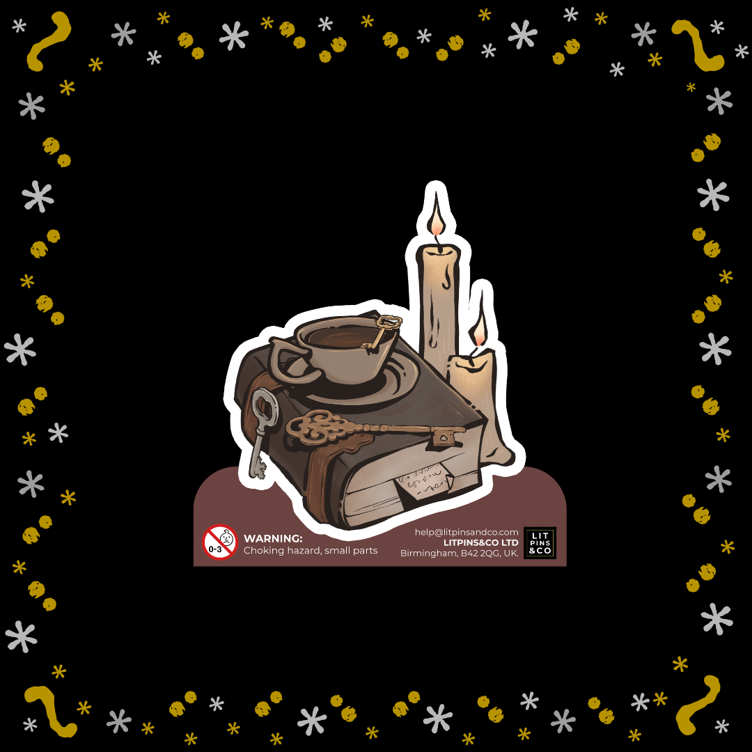 A die-cut sticker featuring a cozy illustration of a brown book with an open book, a candle, a teacup, and a key, displayed on a black background with a decorative yellow and white border.