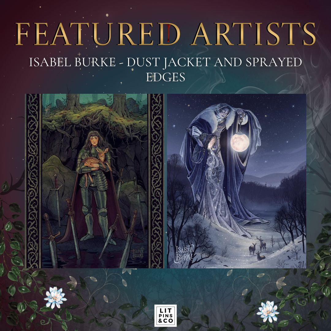 Promotional graphic for LitPins&Co's edition of 'An Education in Malice' featuring artwork by Isabel Burke on a blue and red background decorated with a moon, a ribbon, and flowers.