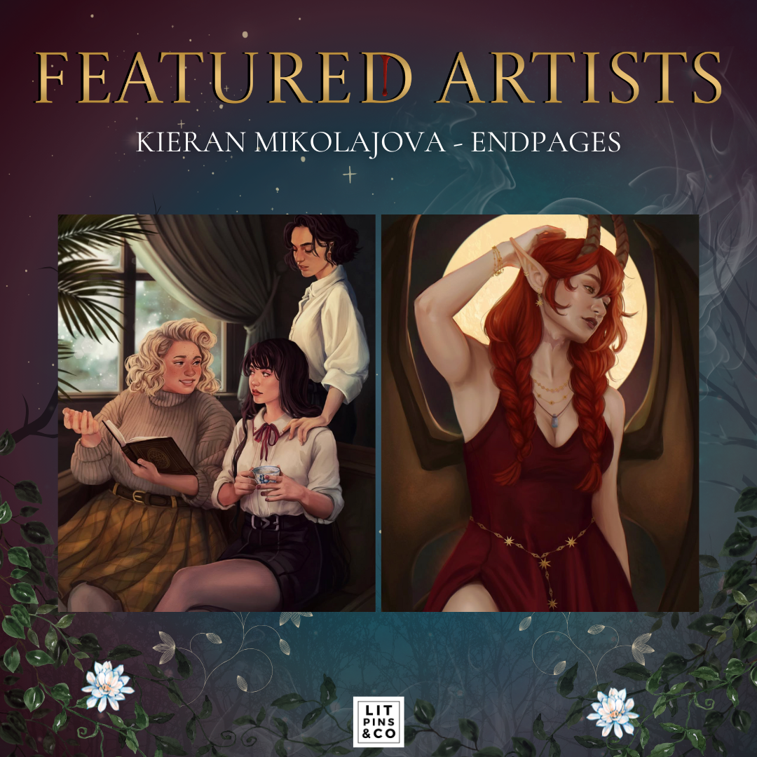 Promotional graphic for LitPins&Co's edition of 'An Education in Malice' featuring artwork by Kieran Mikolajova on a blue and red background decorated with a moon, a ribbon, and flowers.