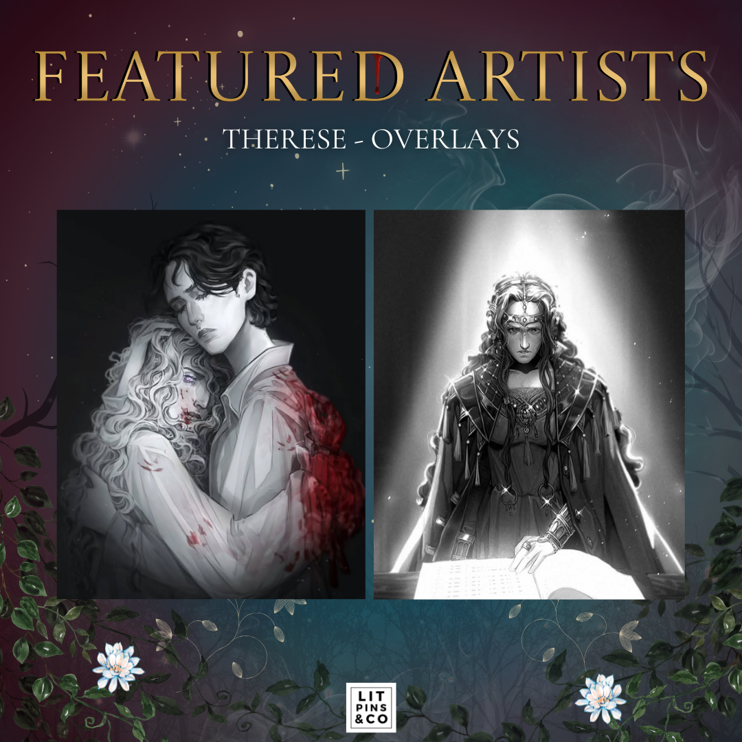 Promotional graphic for LitPins&Co's edition of 'An Education in Malice' featuring artwork by Therese on a blue and red background decorated with a moon, a ribbon, and flowers.