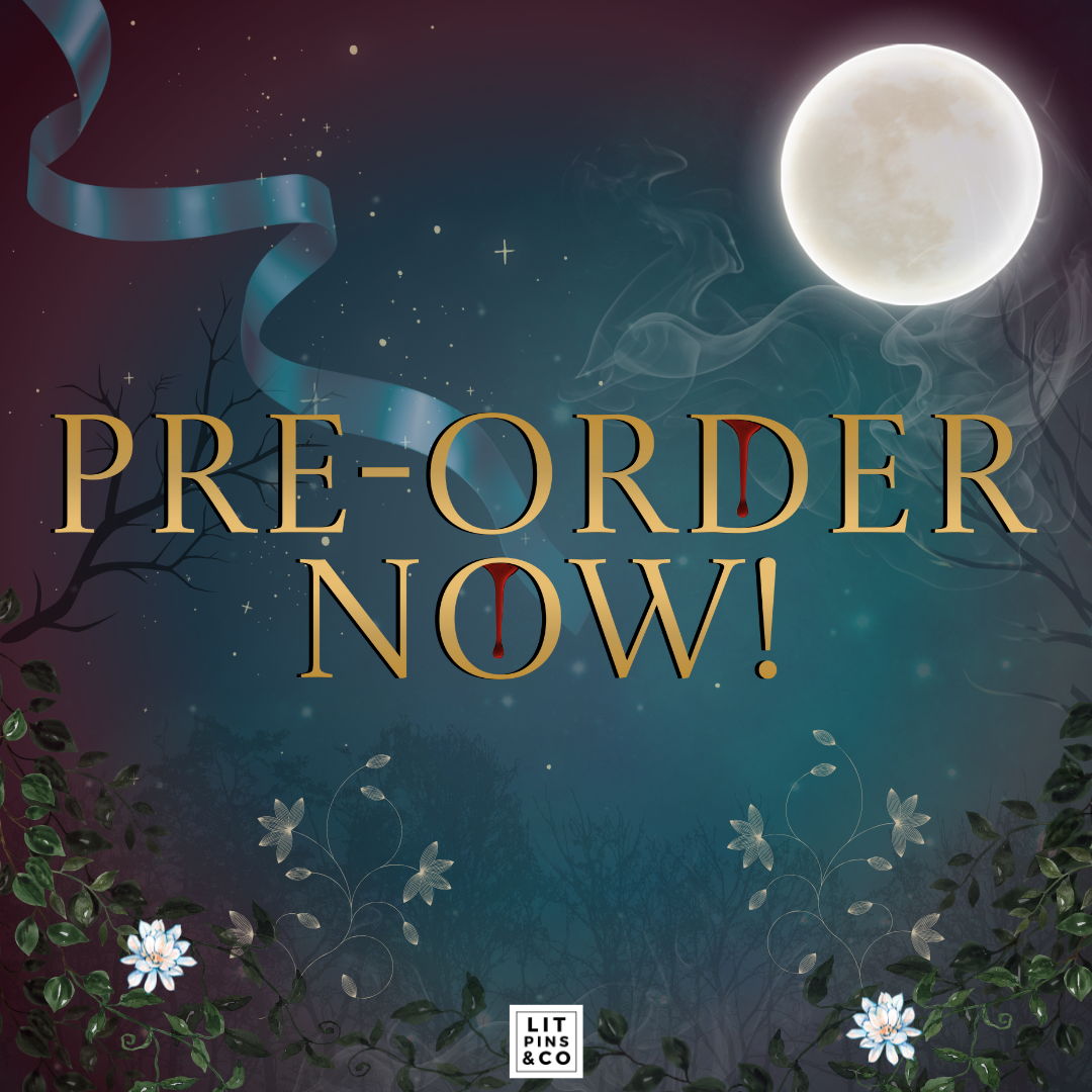 Promotional graphic for LitPins&Co's edition of 'An Education in Malice' featuring gold text reading "Pre-order now!" on a blue and red background decorated with a moon, a ribbon, and flowers.