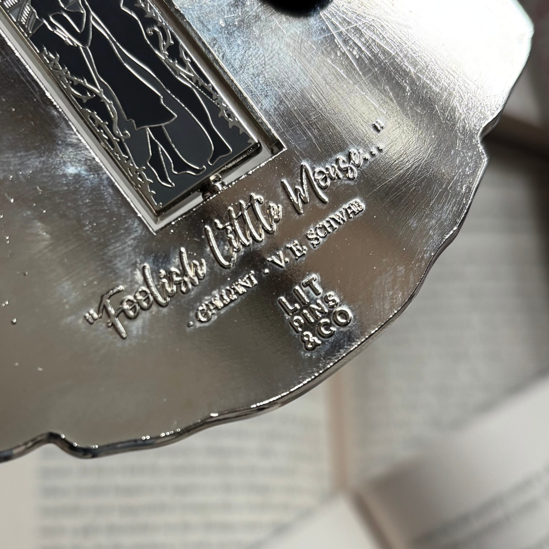 Back of a large enamel pin inspired by Gallant by V.E. Schwab