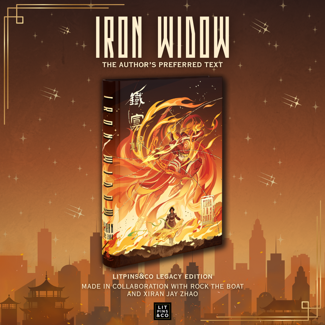 Digital mockup for the LitPins&Co Legacy Edition of Iron Widow by Xiran Jay Zhao. The cover features a dramatic fiery scene with the main character and a mech, and has typography in Chinese and English. The mockup is featured on an orange/brown gradient background which is decorated with stars and a burning cityscape.