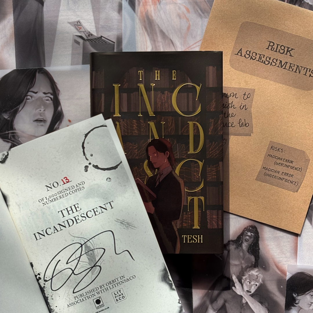 Two copies of the LitPins&Co special edition of The Incandescent, one pictured shut and the other open to the signed tip-in page. The books are on a background of page overlays.