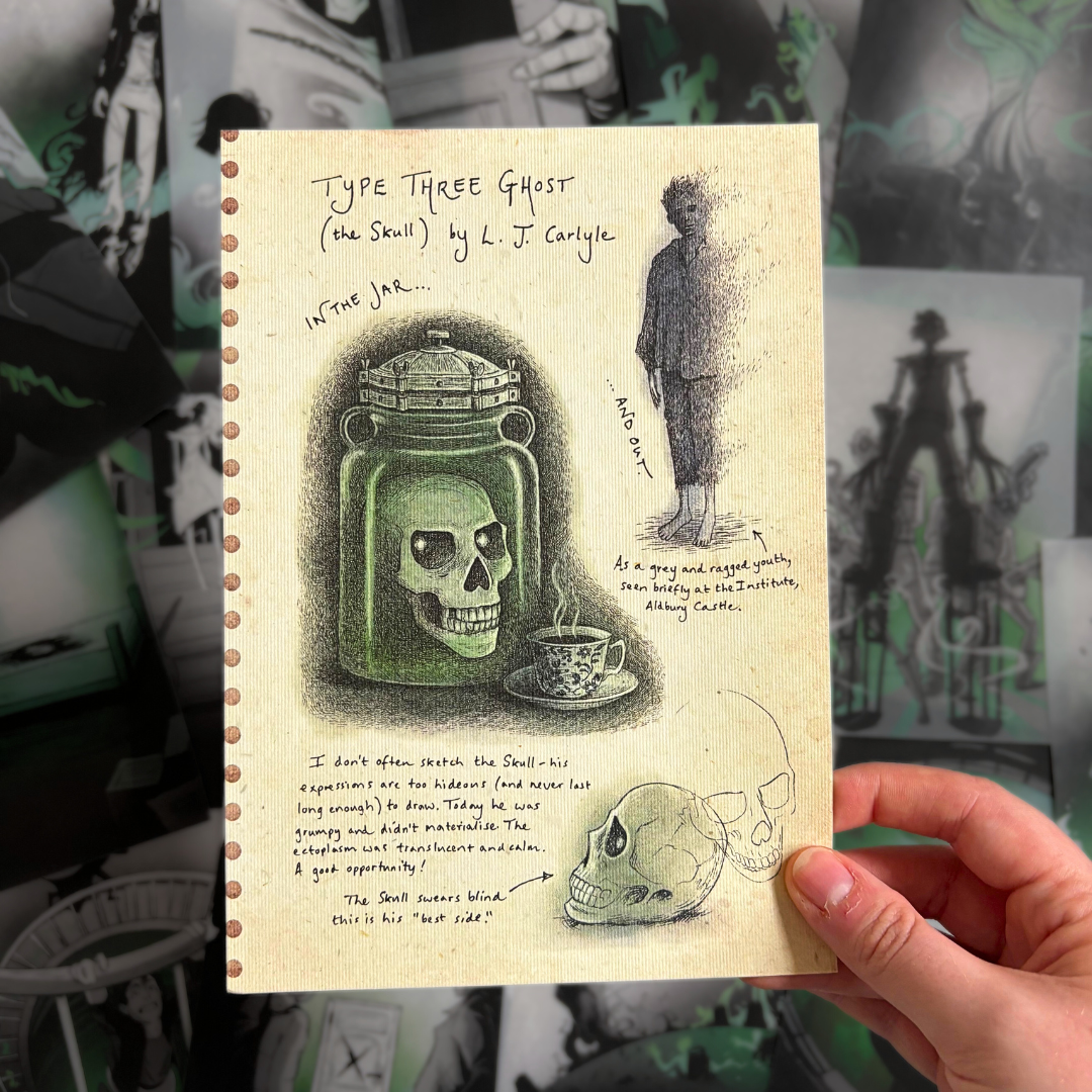 Officially licensed Lockwood&Co ghost art print, illustrated by Gina Stroud. Held against a background of Lockwood&Co page overlays.