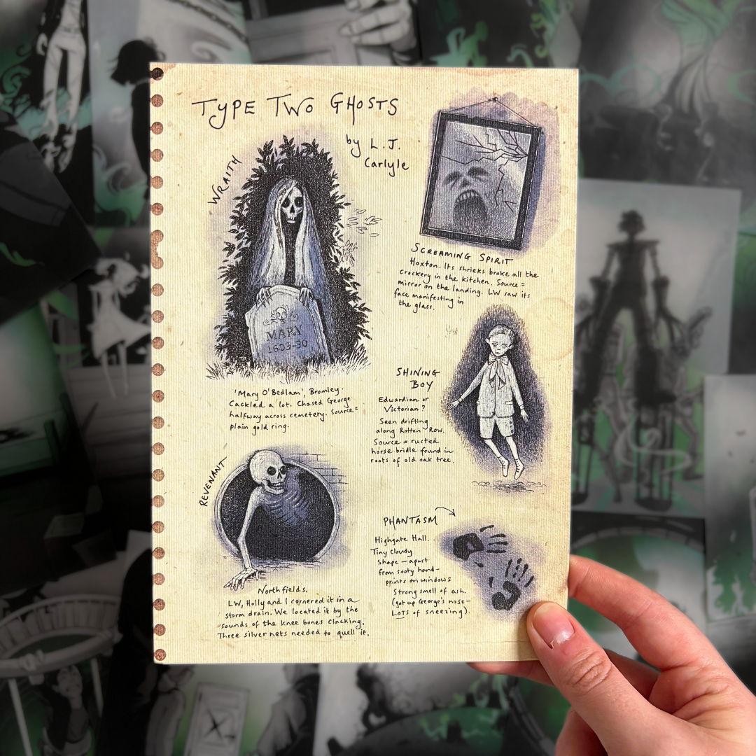 Officially licensed Lockwood&Co ghost art print, illustrated by Gina Stroud. Held against a background of Lockwood&Co page overlays.