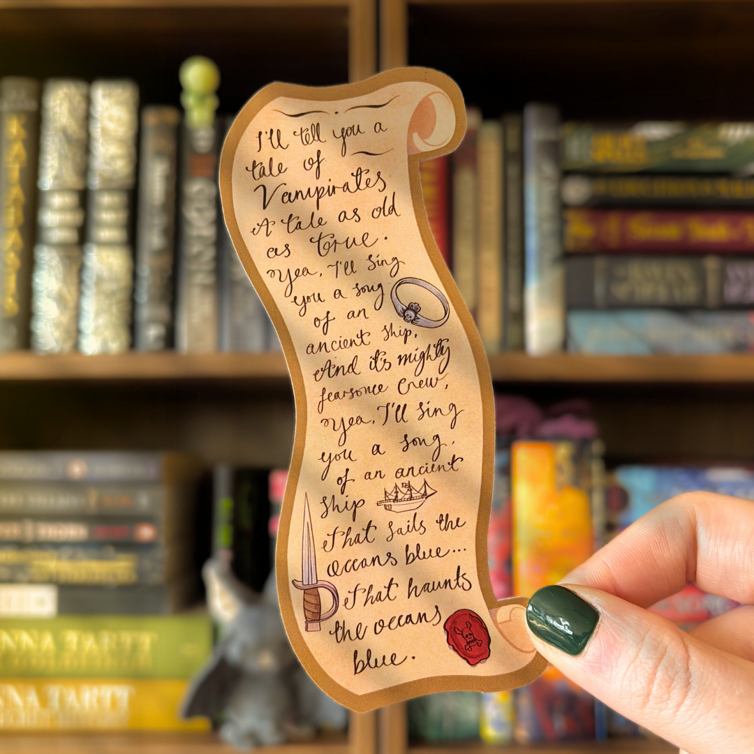 Officially licensed Vampirates bookmark. Bookmark is shaped like a scroll and features a lighthouse and the Vampirates tale.