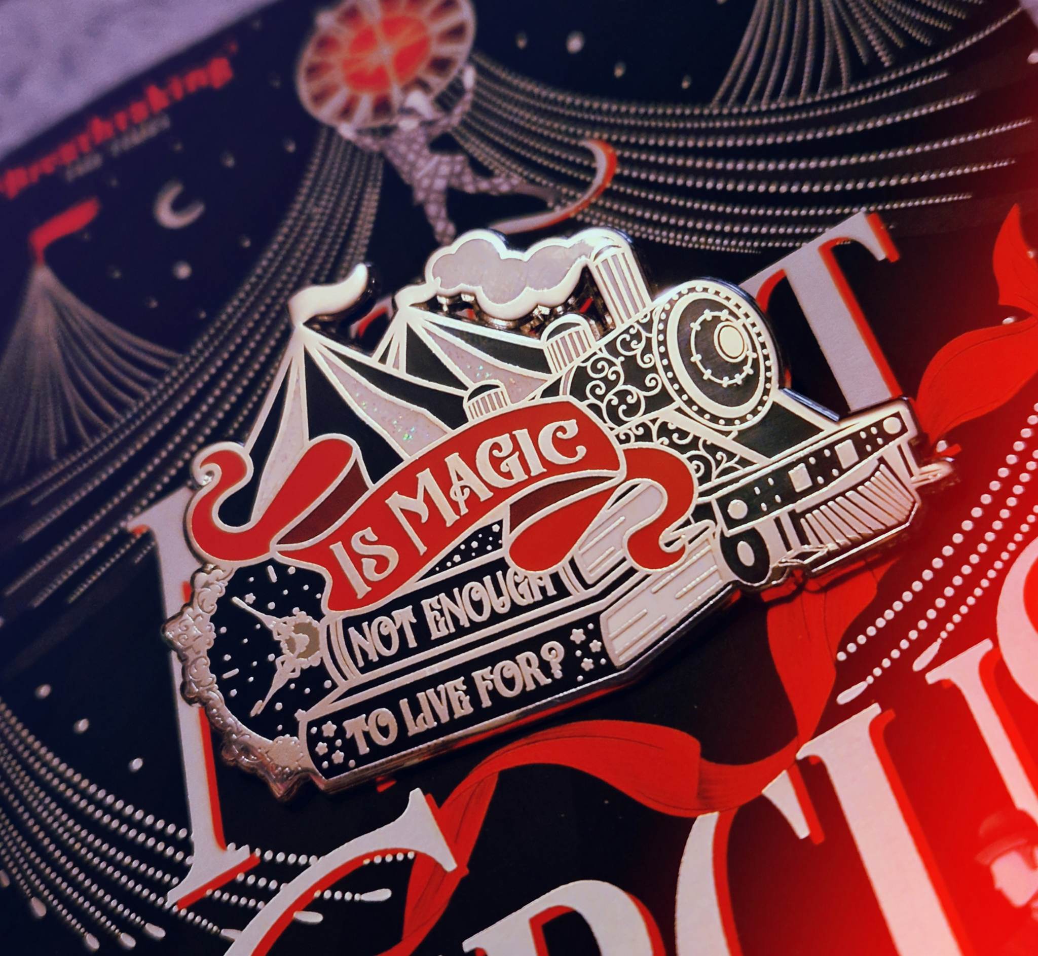 The Night Circus by Erin Morgenstern inspired story stack enamel pin featuring the quote Is Magic Not Enough to Live For?