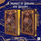 Promotional graphic for LitPins&Co's special edition of A Market of Dreams and Destiny, which features white text on a blue and gold background, with a digital mockup of an ornate cover