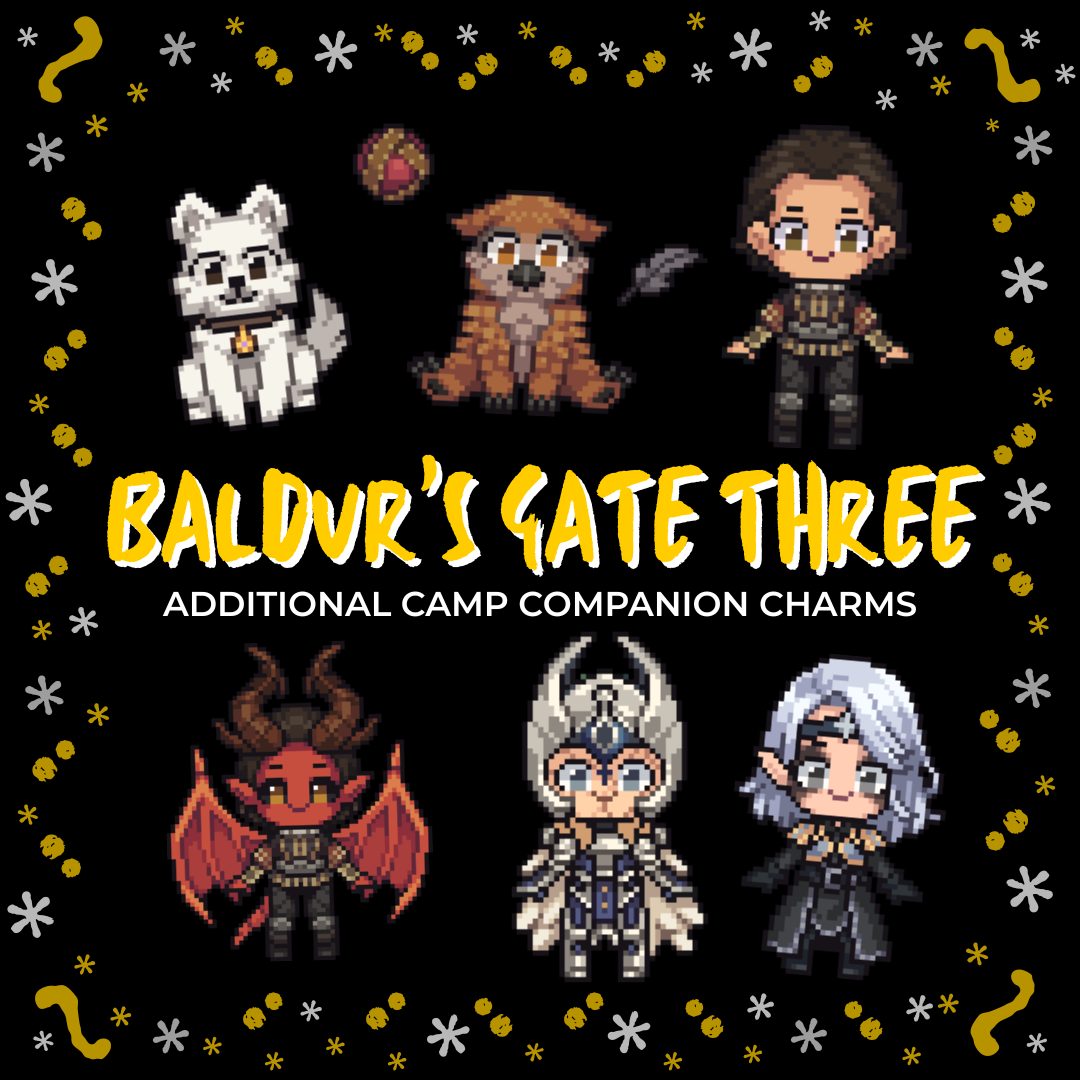 Promotional graphic for LitPins&Co Baldur's Gate shaker keychain charms, featuring pixel art of the characters on a black background.