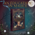 Promotional graphic for LitPins&Co's edition of 'An Education in Malice' featuring a digital mockup of the cover on a blue and red background decorated with a moon, a ribbon, and flowers.