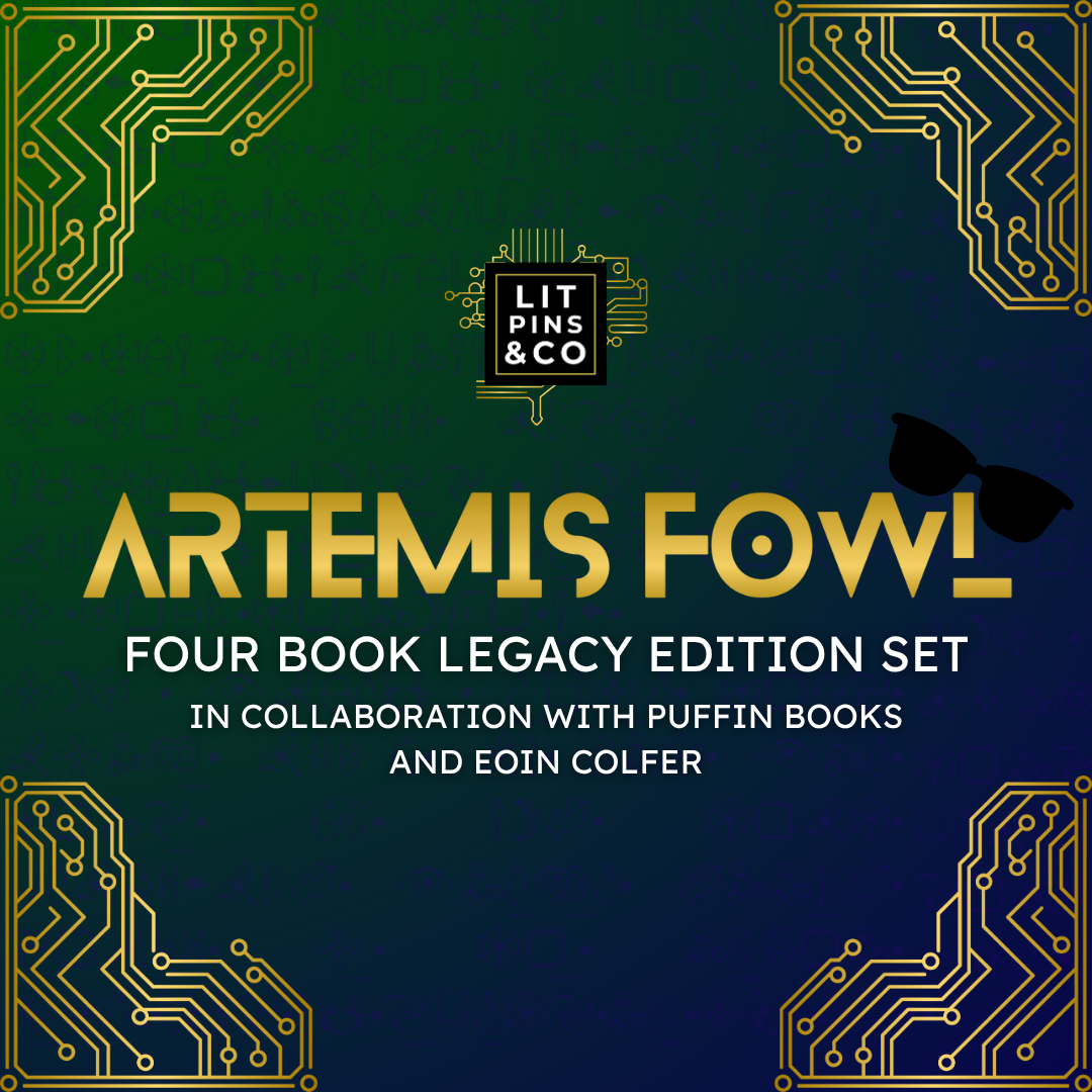 Promotional graphic for 'Artemis Fowl' book set with gold and white text on a blue and green background, decorated with golden circuit elements.