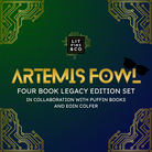 Promotional graphic for 'Artemis Fowl' book set with gold and white text on a blue and green background, decorated with golden circuit elements.
