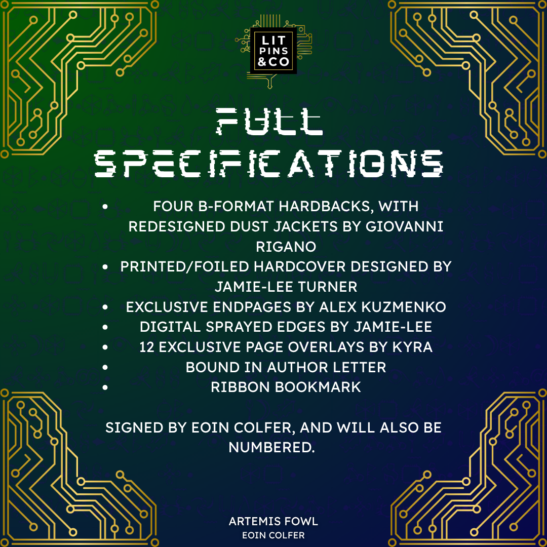 Promotional graphic for 'Artemis Fowl' book set with gold and white text on a blue and green background, decorated with golden circuit elements.