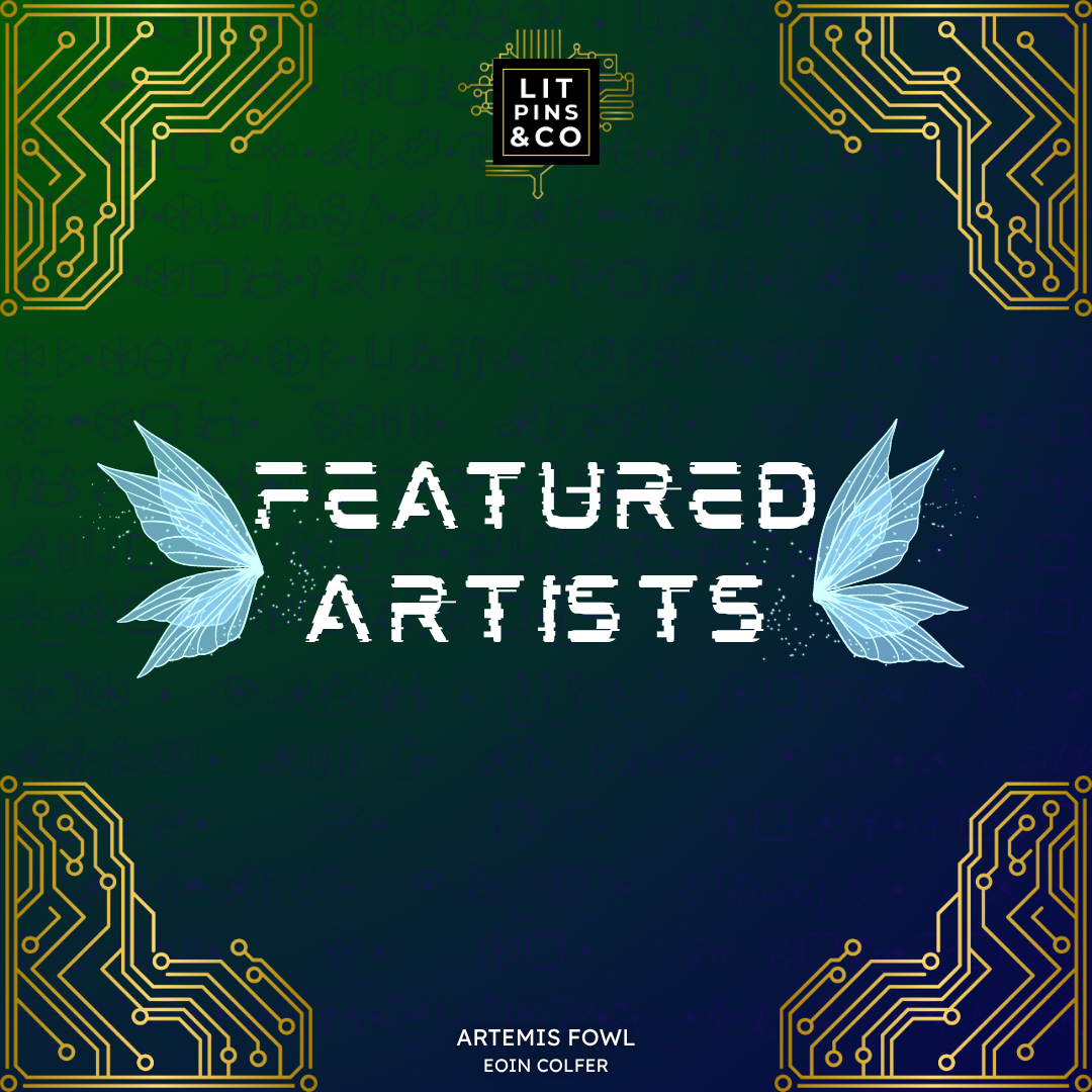 Promotional graphic for 'Artemis Fowl' book set with gold and white text on a blue and green background, decorated with golden circuit elements.