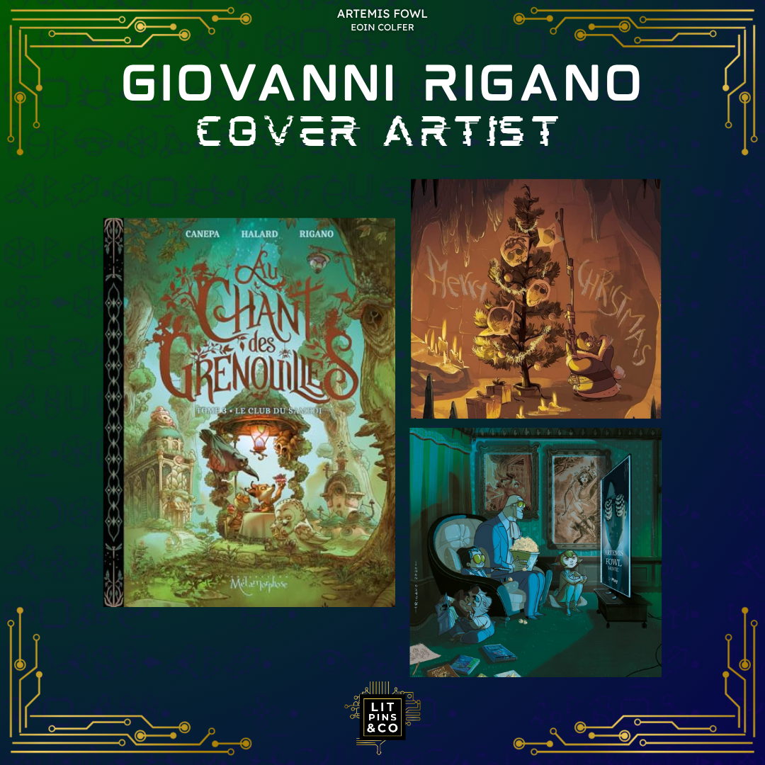 Promotional graphic for 'Artemis Fowl' book set with gold and white text on a blue and green background, decorated with golden circuit elements.