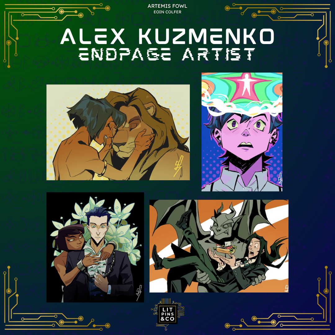 Promotional graphic for 'Artemis Fowl' book set with gold and white text on a blue and green background, decorated with golden circuit elements.