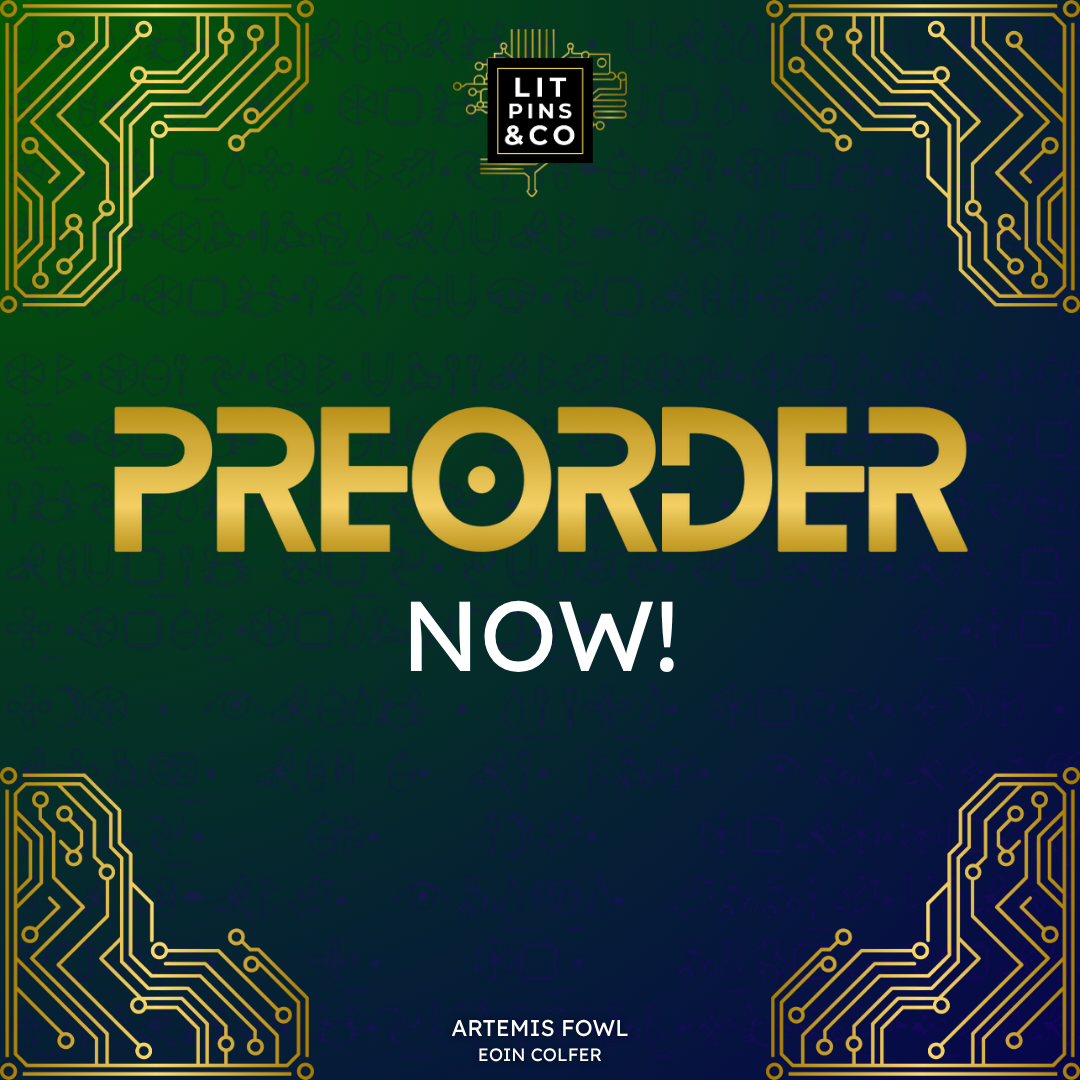 Promotional graphic for 'Artemis Fowl' book set with gold and white text on a blue and green background, decorated with golden circuit elements.