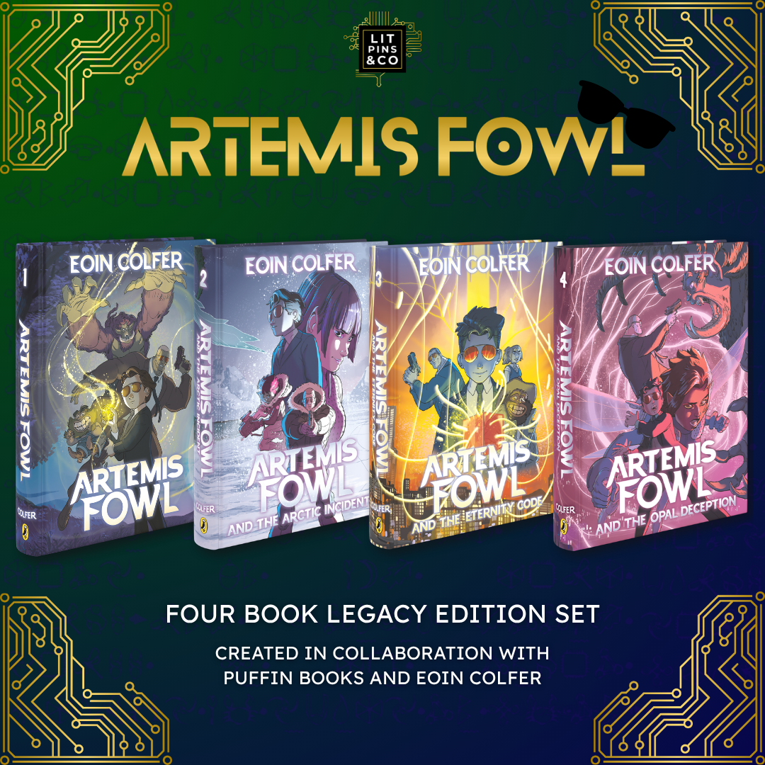 Digital mockups of the LitPins&Co special editions of Artemis Fowl by Eoin Colfer. Mockups are pictured against a green/blue gradient background, with text reading "Artemis Fowl four book legacy edition set, created in collaboration with Puffin Books and Eoin Colfer"