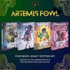 Digital mockups of the LitPins&Co special editions of Artemis Fowl by Eoin Colfer. Mockups are pictured against a green/blue gradient background, with text reading "Artemis Fowl four book legacy edition set, created in collaboration with Puffin Books and Eoin Colfer"