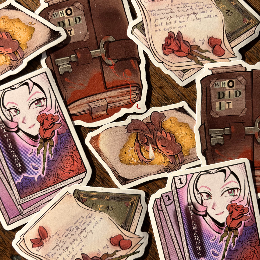 Stickers inspired by book genres - romance, fantasy, murder mystery, and manga