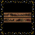 A decorative graphic with a border design with a black background, yellow and white star-like accents around the edges, and two horizontal brown strips of washi tape across the centre, featuring illustrated botanical motifs such as mushrooms, roses, leaves, and small fantasy elements.