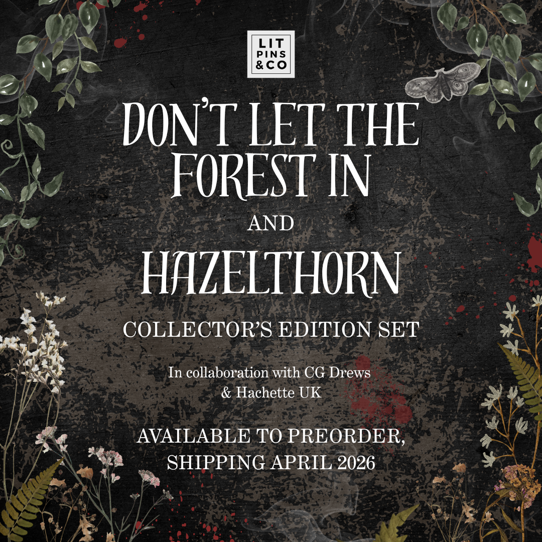 Don't Let The Forest In and Hazelthorn Collector's Edition Set. Made in collaboration with CG Drews and Hachette UK, available to pre-order now. Text is pictured on a dark floral background.