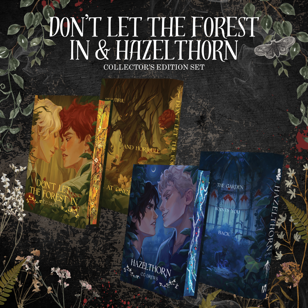 Two books titled 'Don't Let the Forest In' and 'Hazelthorn' on a dark background with foliage.