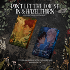 Cover reveal for 'Don't Let the Forest In' and 'Hazelthorn' with artistic illustrations of characters on a dark background with foliage.