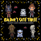 Promotional graphic for LitPins&Co's Baldur's Gate 3 shaker keychain charms, featuring pixel artwork of the characters