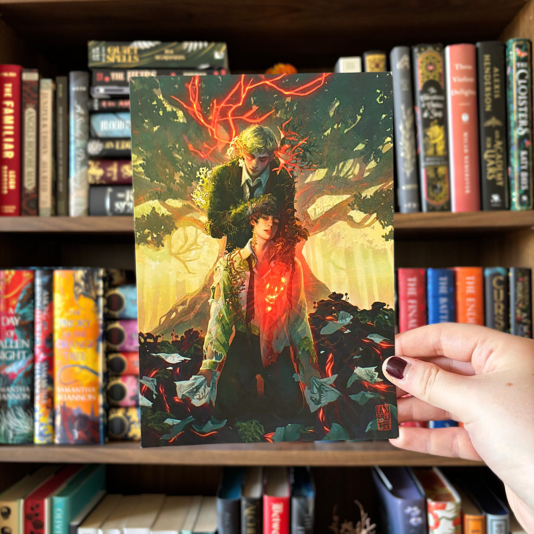 Officially licensed art print depicting the main characters from CG Drews' Don't Let The Forest in, surrounded by plants and torn up pages.