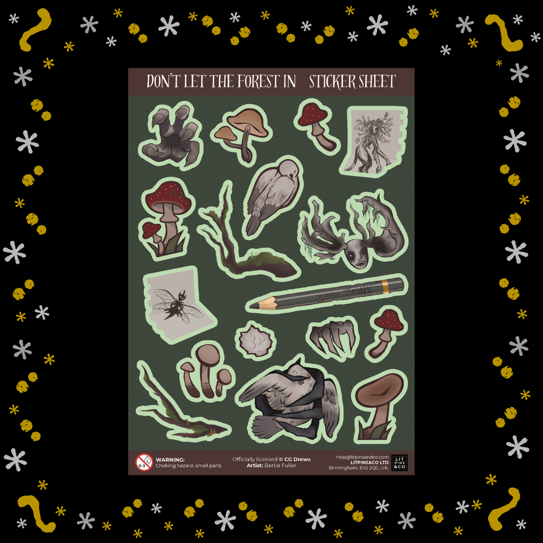 A sticker sheet featuring various woodland illustrations including mushrooms, a bird, a beetle, and tree roots, presented on a dark green background. Sticker sheet is pictured on a black graphic with a yellow and white border.