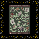 A sticker sheet featuring various woodland illustrations including mushrooms, a bird, a beetle, and tree roots, presented on a dark green background. Sticker sheet is pictured on a black graphic with a yellow and white border.
