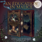 Promotional graphic for LitPins&Co's edition of 'An Education in Malice' featuring a digital mockup of the cover on a blue and red background decorated with a moon, a ribbon, and flowers.