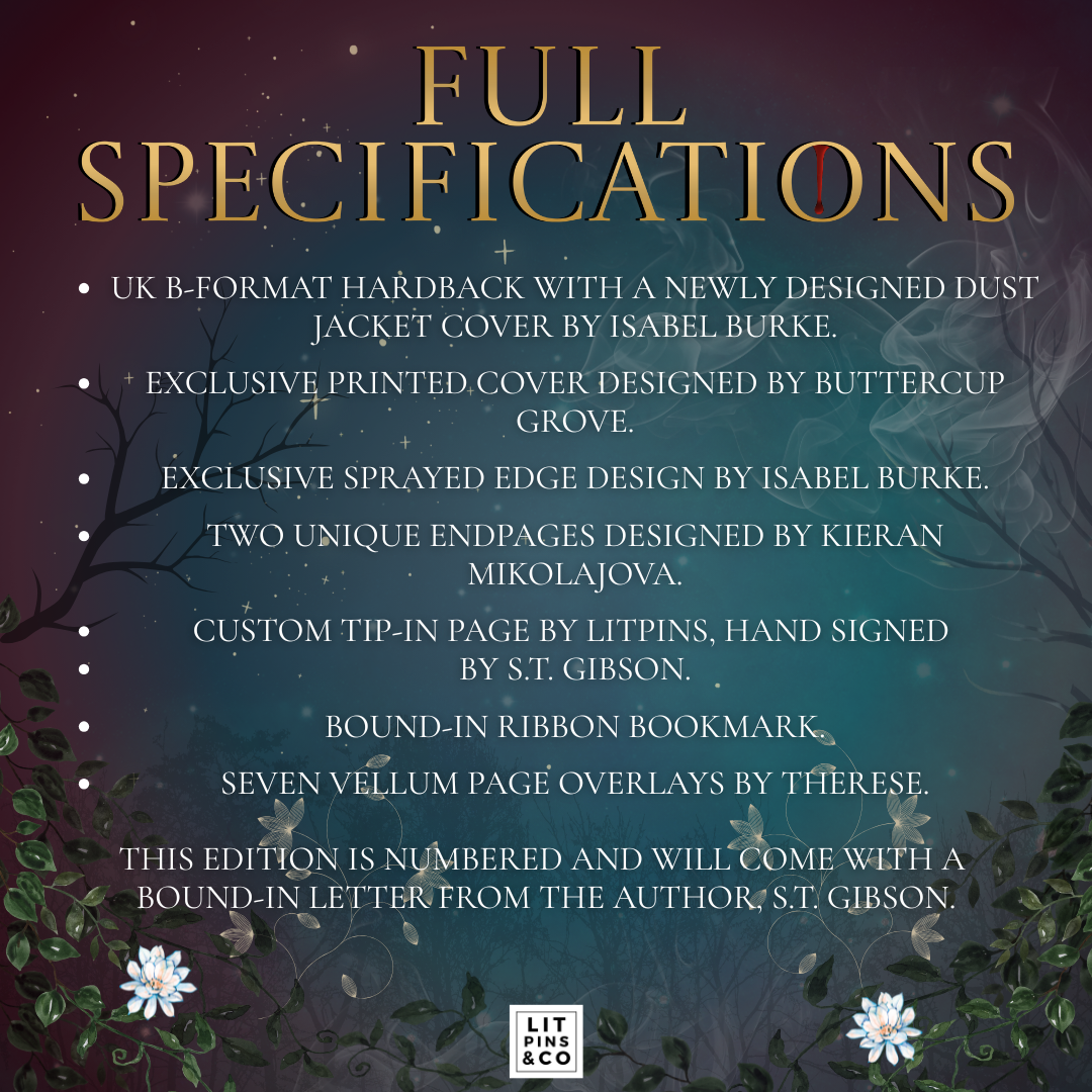 Promotional graphic for LitPins&Co's edition of 'An Education in Malice' featuring gold and white text on a blue and red background decorated with a moon, a ribbon, and flowers.