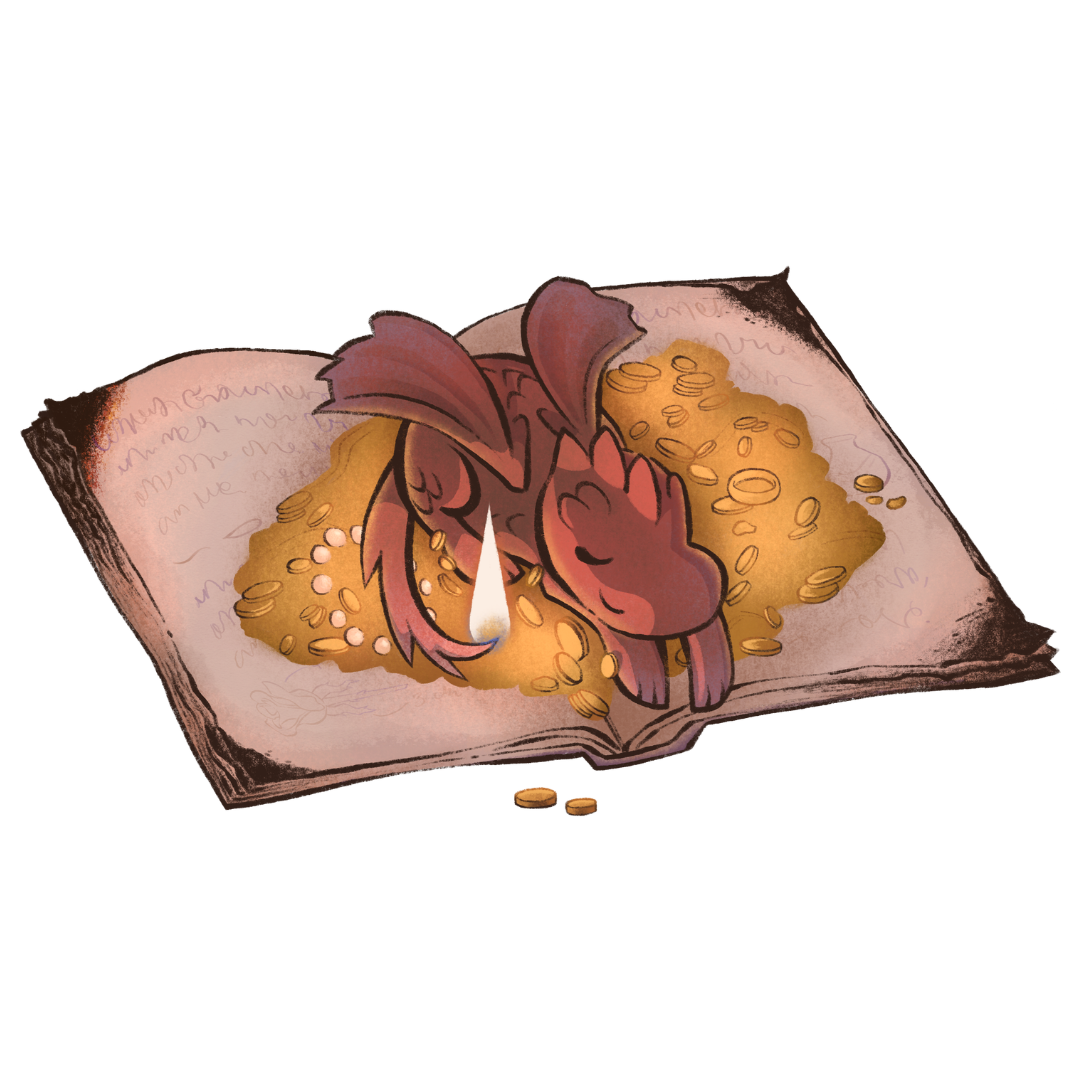 Book sticker inspired by the fantasy genre, featuring a dragon lying on an open book