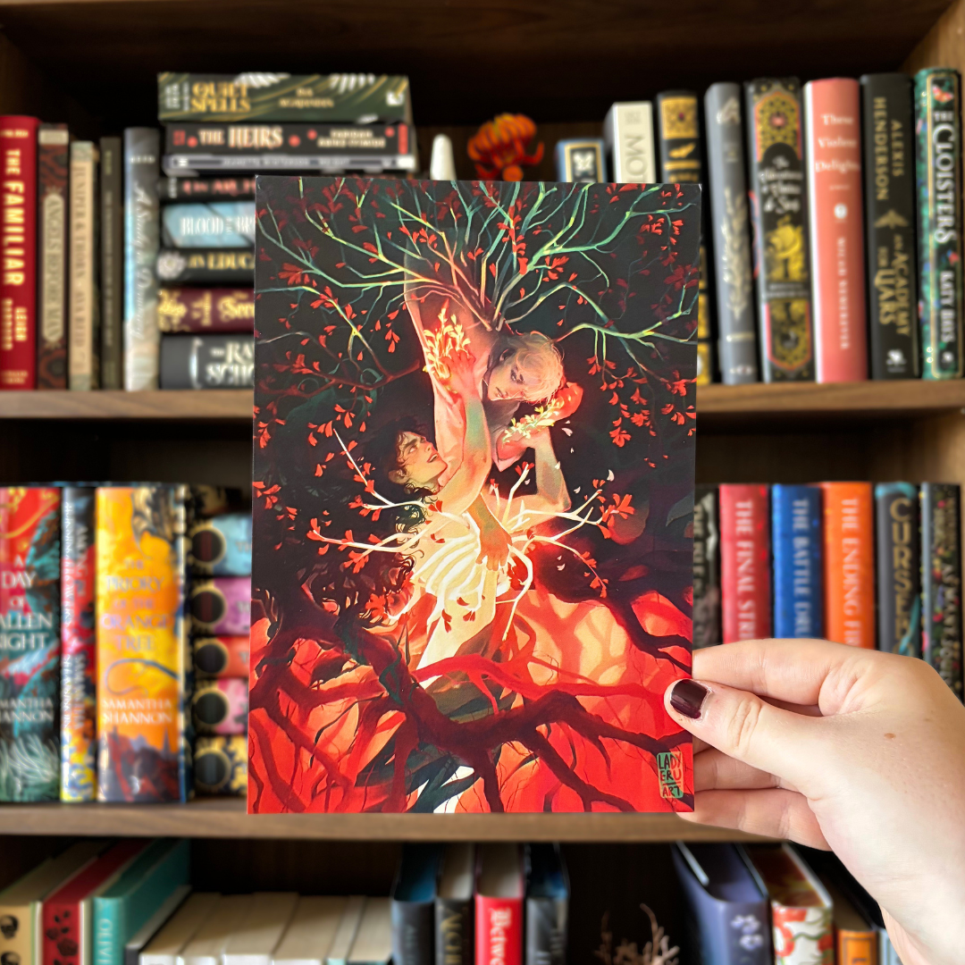 Officially licensed art print featuring the main characters from Hazelthorn by CG Drews. The two men are surrounded by trees, with one pulling the other down.