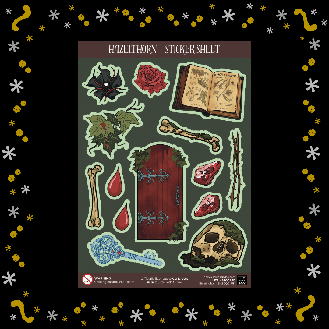 A gothic-themed sticker sheet titled 'HAZELTHORN STICKER SHEET' featuring illustrations of a red door, skull, bones, rose, key, and other mystical motifs on a dark green background. Sticker sheet is pictured on a black graphic with a yellow and white border.