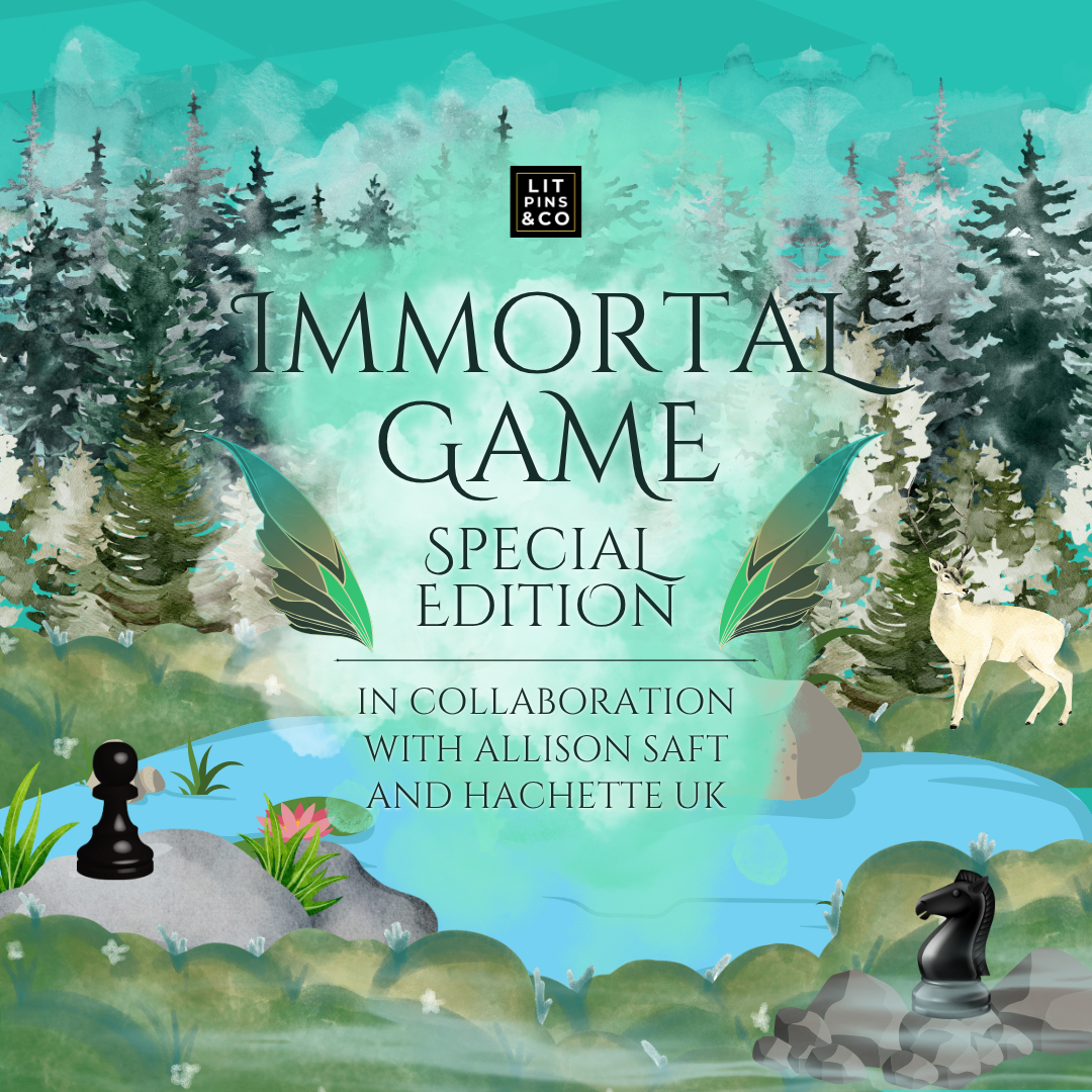 Promotional graphic for Immortal Game special edition by LitPins&Co, featuring text on a forest background decorated with chess pieces.
