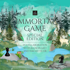 Promotional graphic for Immortal Game special edition by LitPins&Co, featuring text on a forest background decorated with chess pieces.