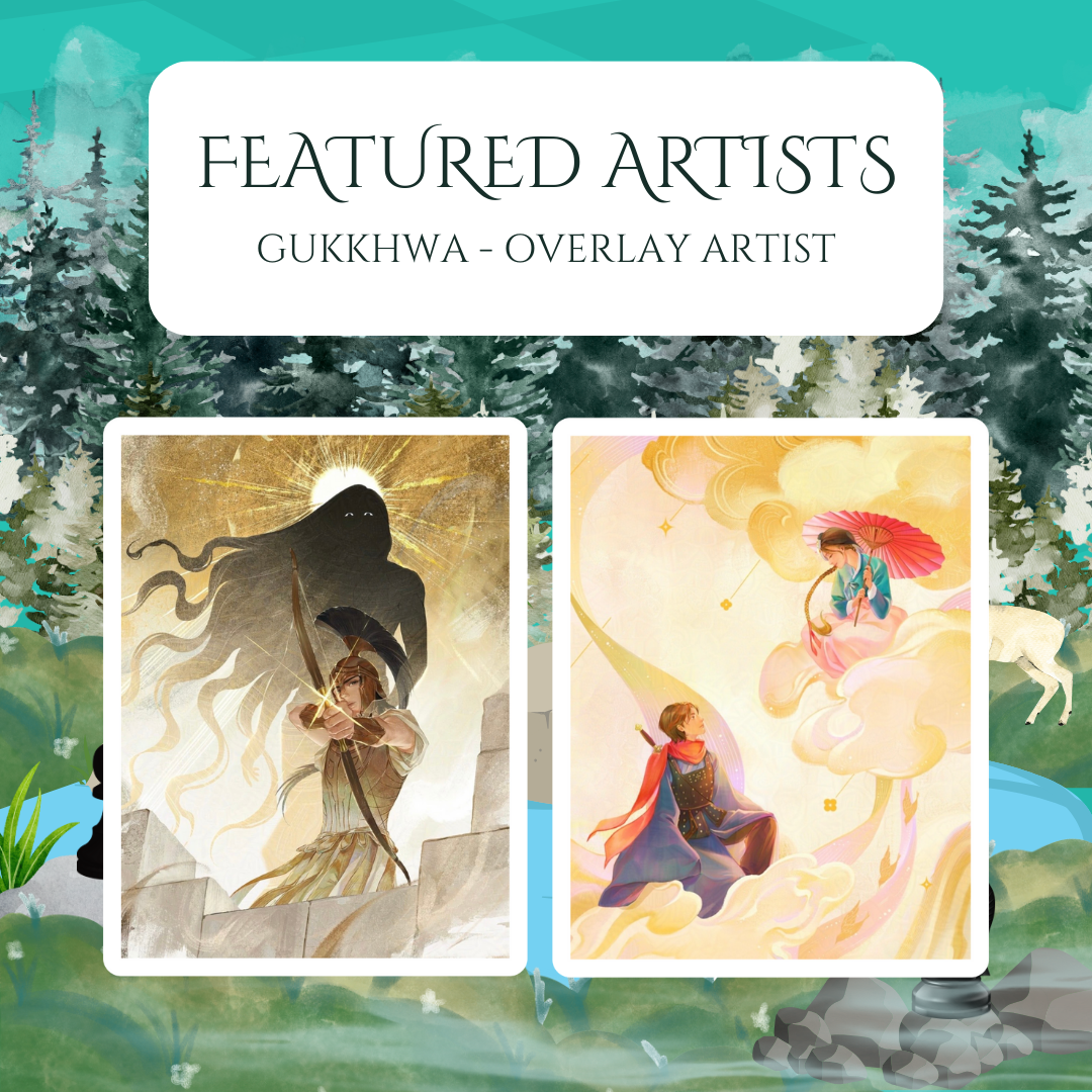 Promotional graphic for Immortal Game special edition by LitPins&Co, showing artwork by Gukkhwa on a forest background decorated with chess pieces.