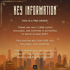 Text reads "Key Information: This is a pre-order! There are only 1,500 copies available, and shipping is estimated to begin in June 2027. This edition will cost £35 (VAT included) plus shipping. 10% of profits will be donated to Xiran Jay Zhao's chosen charity, Medical Aid For Palestinians" on an orange/brown background decorated with a cityscape and stars.