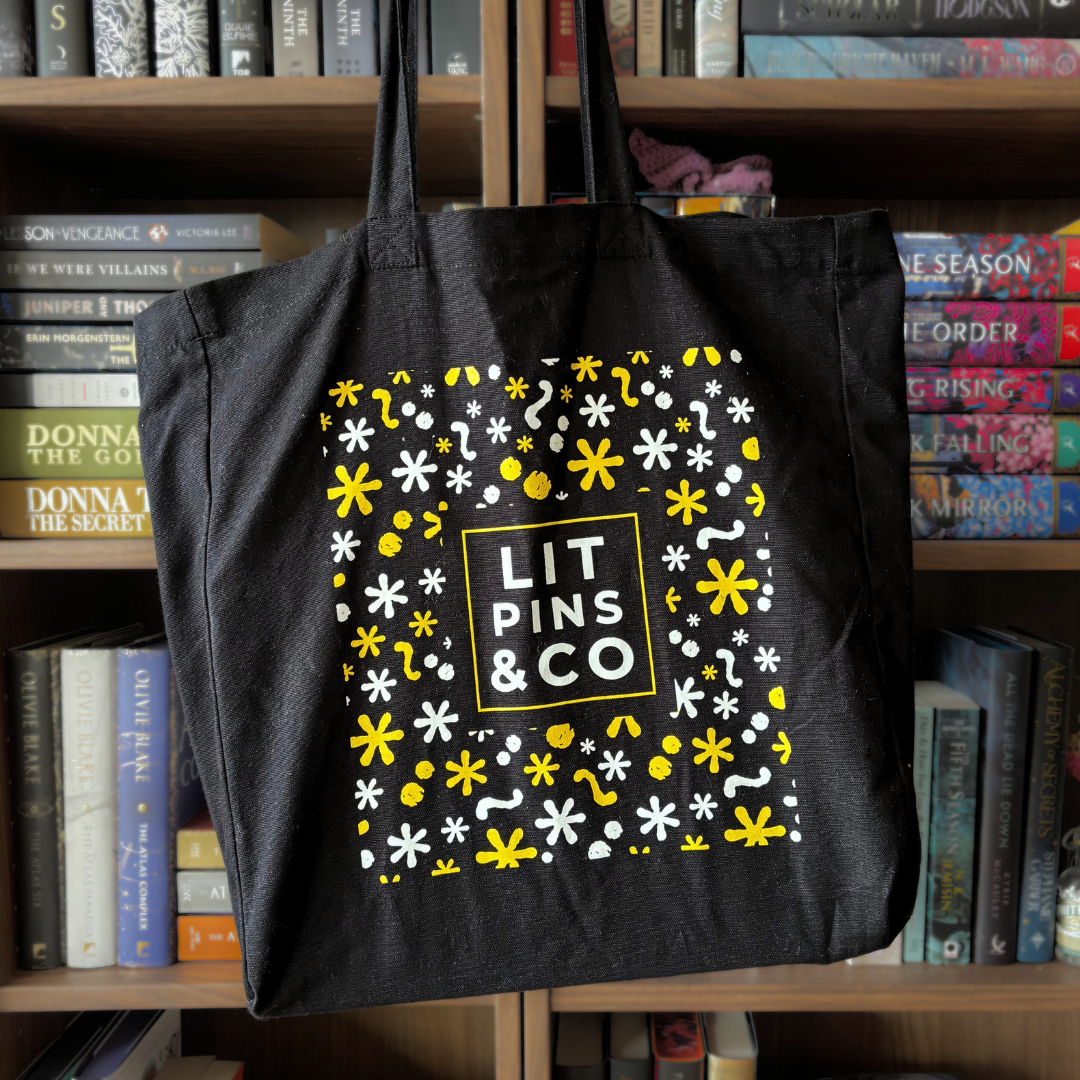 Black tote bag featuring the LitPins&Co logo