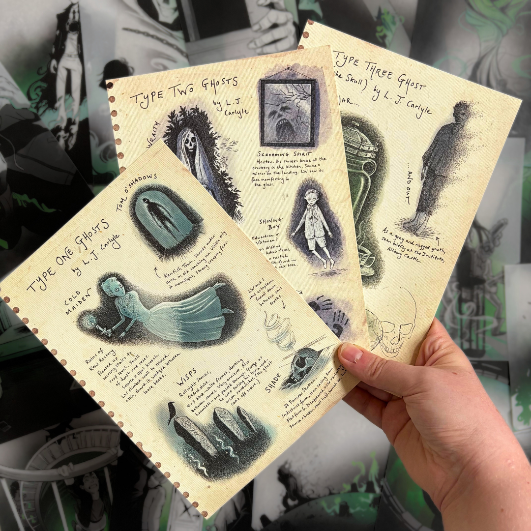 Officially licensed Lockwood&Co ghost art prints, illustrated by Gina Stroud. Held against a background of Lockwood&Co page overlays.